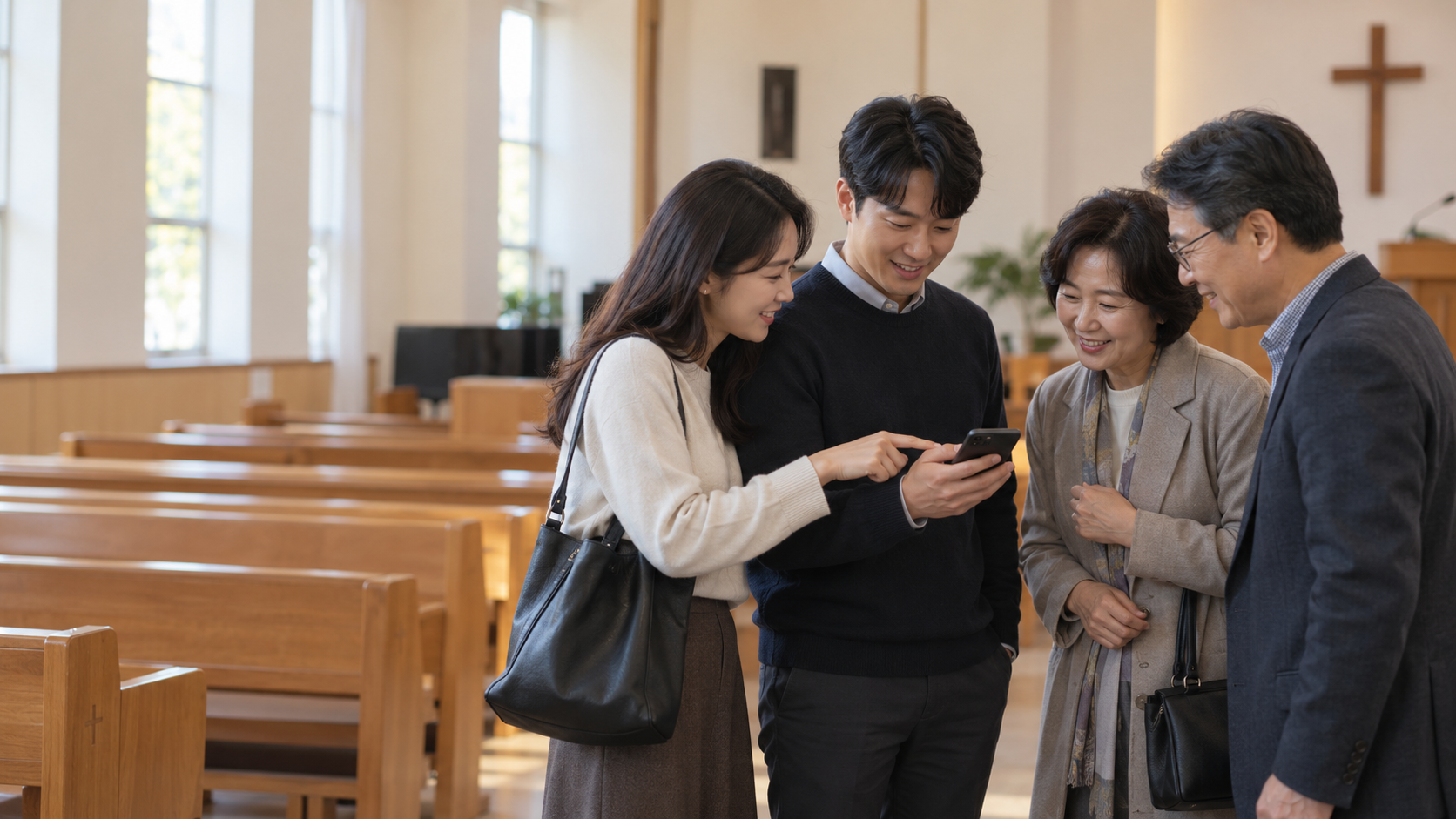 한국 교회에서 휴대폰으로 소식을 함께 확인하며 대화하는 성도들